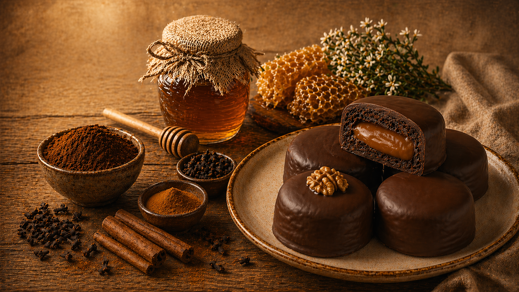 Mesa elegante com pães de mel artesanais e ingredientes